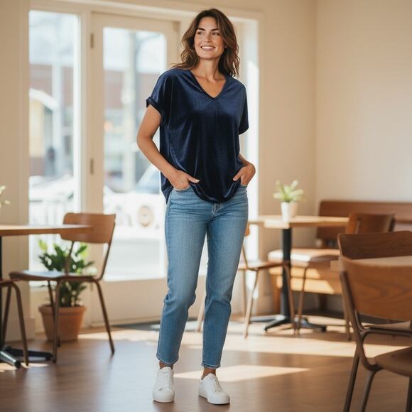 Sofia Made in Italy Blue Velvet Velour V Neck Top Shirt Large L Vintage Shirt - Picture 14 of 14